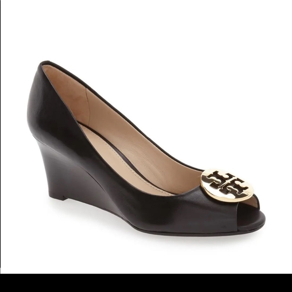 Tory Burch kara peep toe wedges black leather size 9.5 worn once